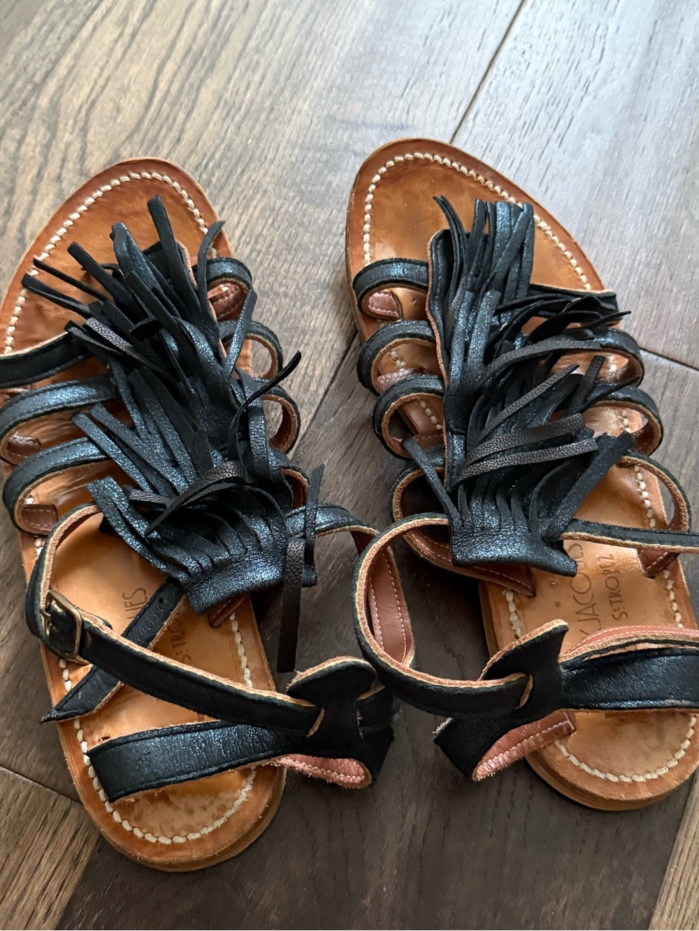 K.Jacques Blue spark Fringe Leather Sandals with Brown Footbed
